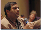 Sundeep Dronawat, vice president, e-commerce, for Integrity Life Insurance Co., asks a compelling question to one of the many technology experts speaking at 2003 E-Fusion. Integrity Life was one of the finalists for the E-Fusion Award.