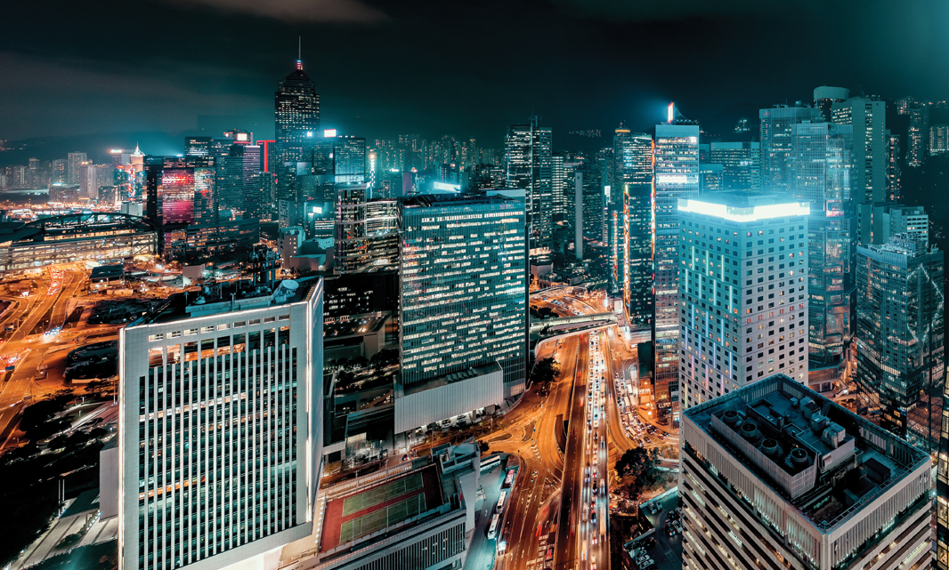 Night shot: An aerial view of Hong Kong’s financial center.
