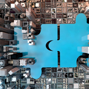 Blue puzzle pieces linked together