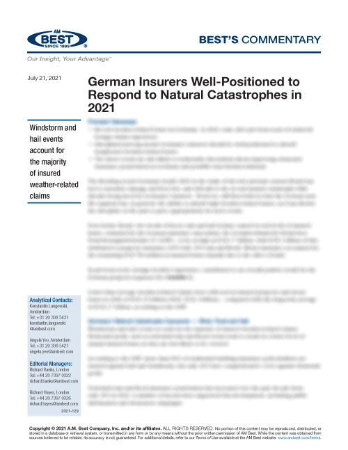 Commentary: German Insurers Well-Positioned to Respond to Natural Catastrophes in 2021