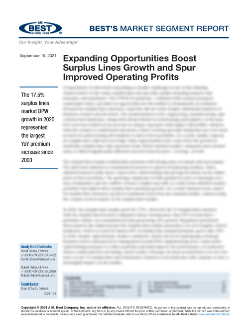 Market Segment Report: Expanding Opportunities Boost Surplus Lines Growth and Spur
Improved Operating Profits