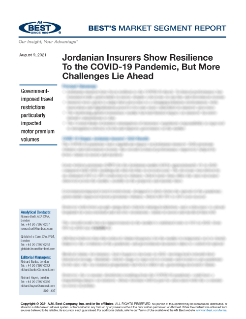 Market Segment Report: Jordanian Insurers Show Resilience to the COVID-19 Pandemic, But More Challenges Lie Ahead