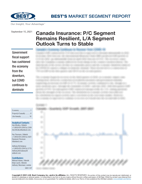 Market Segment Report: Canada Insurance: P/C Segment Remains Resilient, L/A Segment Outlook Turns to Stable