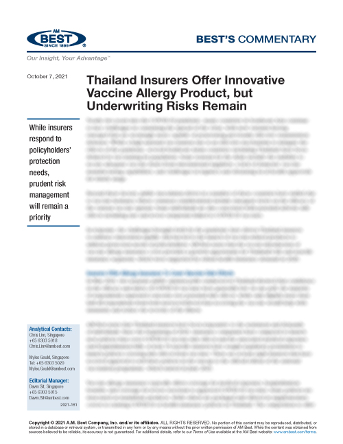 Thailand Insurers Offer Innovative Vaccine Allergy Product, but Underwriting Risks Remain