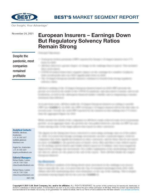 Market Segment Report: European Insurers – Earnings Down But Regulatory Solvency Ratios Remain Strong