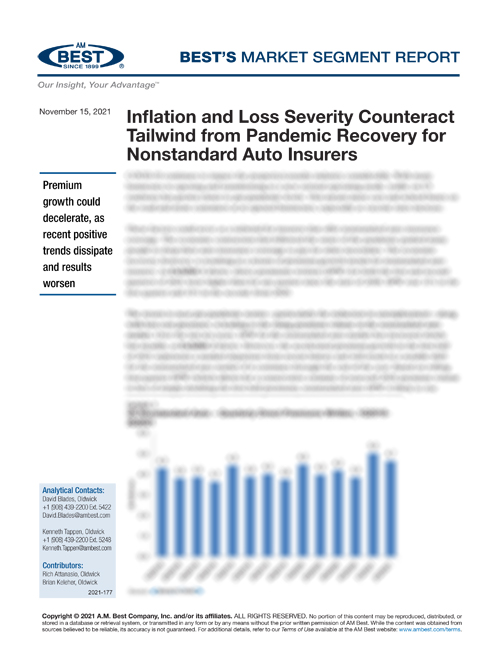 Market Segment Report: Inflation and Loss Severity Counteract Tailwind from Pandemic Recovery for Nonstandard Auto Insurers