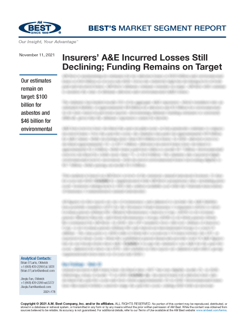 Market Segment Report: Insurers’ A&E Incurred Losses Still Declining; Funding Remains on Target