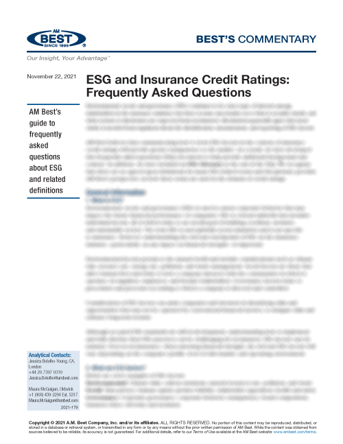 Commentary: ESG and Insurance Credit Ratings: Frequently Asked Questions