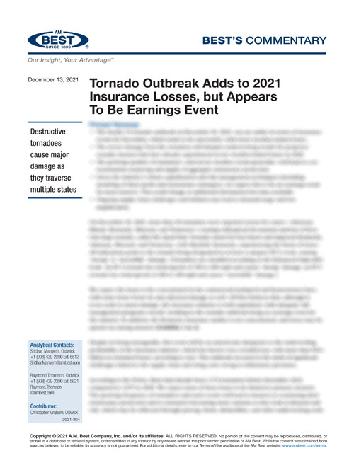 Commentary: Tornado Outbreak Adds to 2021 Insurance Losses but Appears To Be Earnings Event
