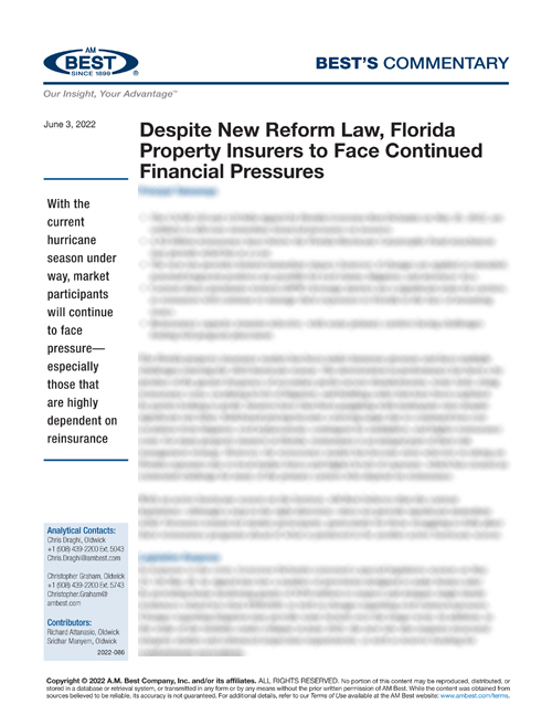 Commentary: Despite New Reform Law, Florida Property Insurers to Face Continued Financial Pressures