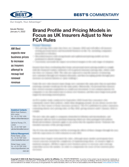 Commentary: Brand Profile and Pricing Models in Focus as UK Insurers Adjust to New FCA Rules