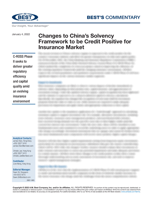 Commentary: Changes to China’s Solvency Framework to be Credit Positive for Insurance Market
