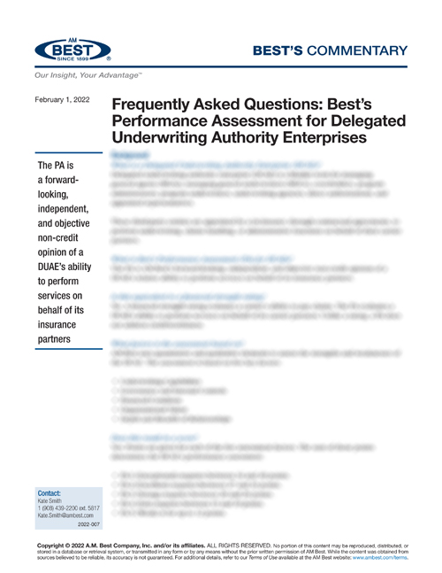 Commentary: Frequently Asked Questions: Best’s Performance Assessment for Delegated Underwriting Authority Enterprises