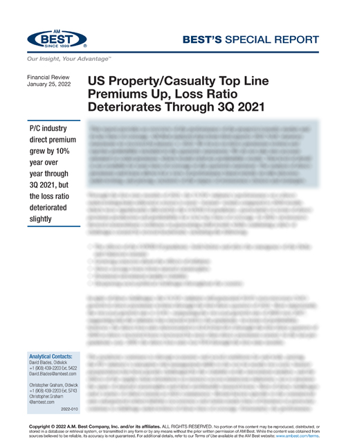 Special Report: US Property/Casualty Top Line Premiums Up, Loss Ratio 
Deteriorates Through 3Q 2021