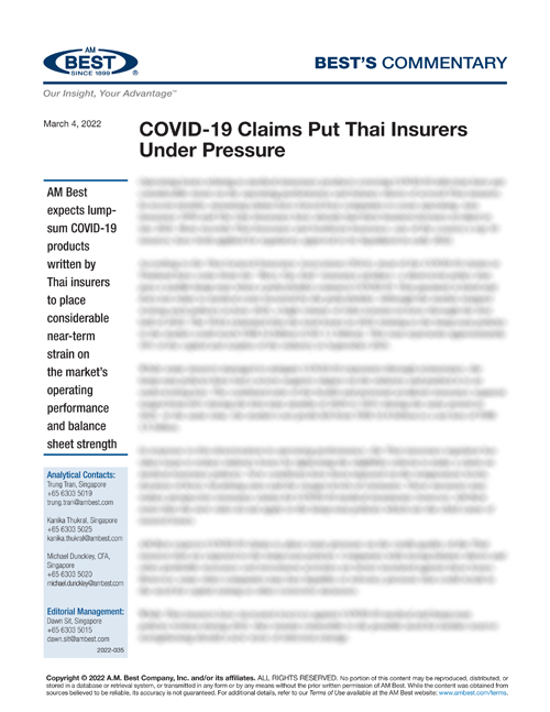 Commentary: COVID-19 Claims Put Thai Insurers Under Pressure