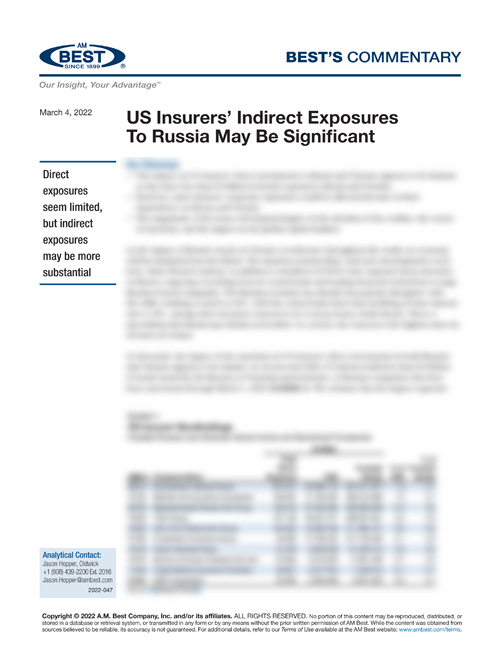 Commentary: US Insurers’ Indirect Exposures to Russia May Be Significant