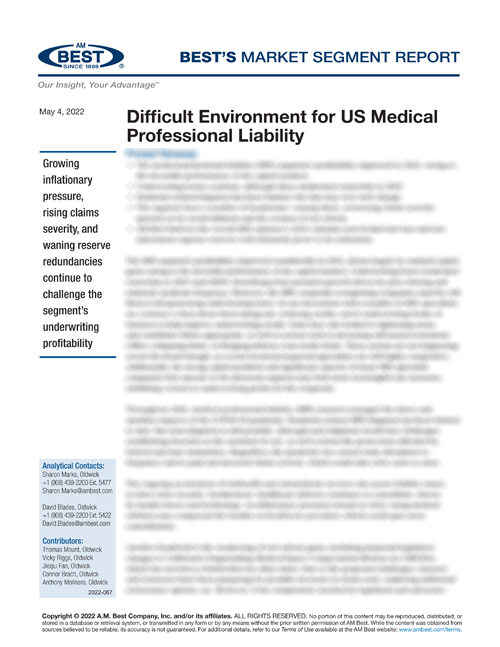 Market Segment Report: Difficult Environment for US Medical Professional Liability