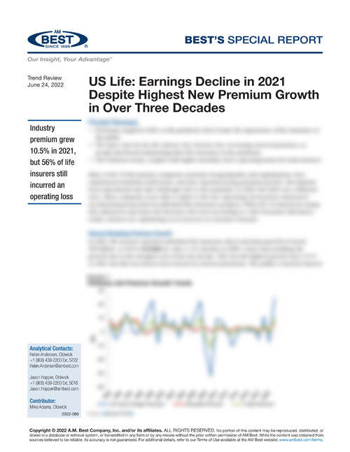 Special Report: US Life: Earnings Decline in 2021 Despite Highest New Premium Growth in Over Three Decades