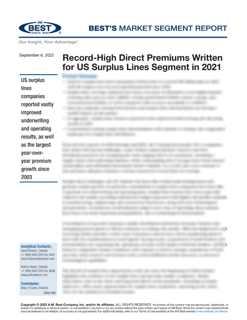 Market Segment Report: Record-High Direct Premiums Written for the US Surplus Lines Segment in 2021