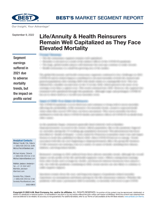 Market Segment Report: Life/Annuity & Health Reinsurers Remain Well Capitalized as They Face Elevated Mortality