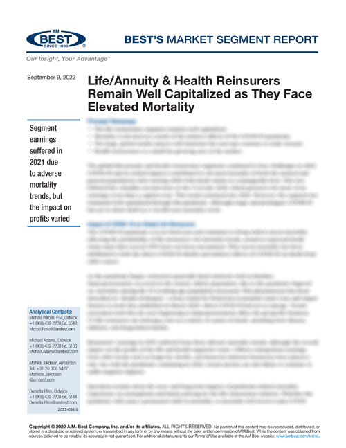 Market Segment Report: Life/Annuity & Health Reinsurers Remain Well Capitalized as They Face Elevated Mortality