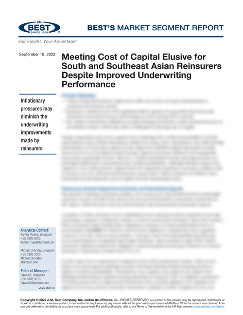 Market Segment Report: Meeting Cost of Capital Elusive for South and Southeast Asian Reinsurers Despite Improved Underwriting Performance