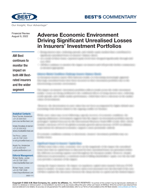 Commentary: Adverse Economic Environment Driving Significant Unrealised Losses in Insurers' Investment Portfolios