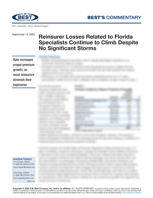 Commentary: Reinsurer Losses Related to Florida Specialists Continue to Climb Despite No Significant Storms