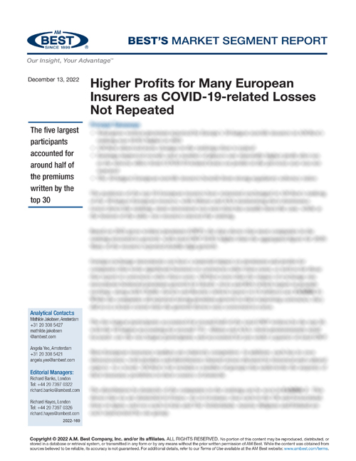 Market Segment Report: Higher Profits for Many European Insurers as COVID-19-related Losses Not Repeated