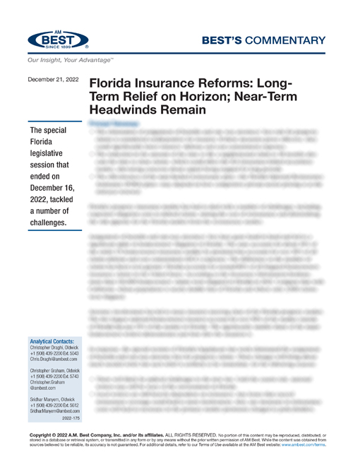 Commentary: Florida Insurance Reforms: Long- Term Relief on Horizon; Near-Term Headwinds Remain