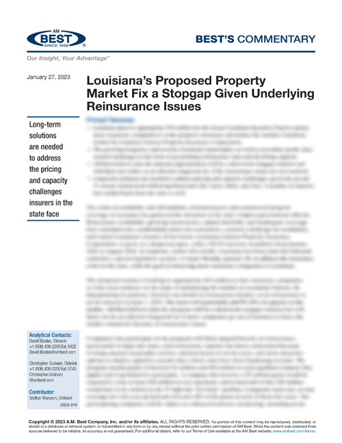 Commentary: Louisiana’s Proposed Property Market Fix a Stopgap Given Underlying Reinsurance Issues