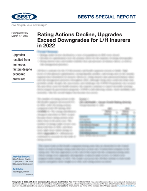 Special Report: Rating Actions Decline, Upgrades Exceed Downgrades for L/H Insurers in 2022