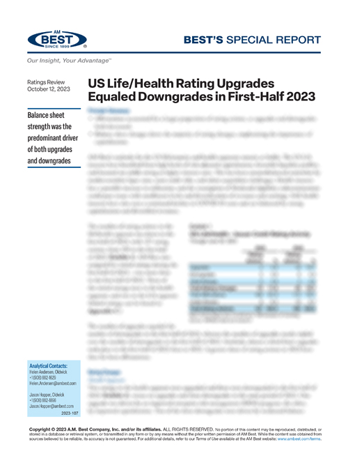 Special Report: US Life/Health Rating Upgrades Equaled Downgrades in First-Half 2023