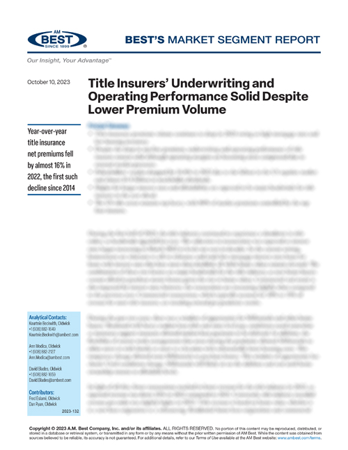 Market Segment Report: Title Insurers’ Underwriting and Operating Performance Solid Despite Lower Premium Volume