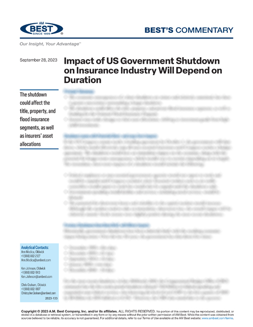 Commentary: Impact of US Government Shutdown on Insurance Industry Will Depend on Duration