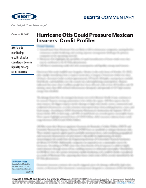 Commentary: Hurricane Otis Could Pressure Mexican Insurers’ Credit Profiles