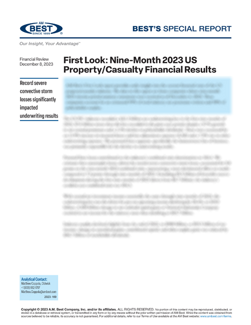 Special Report: First Look: Nine-Month 2023 US Property/Casualty Financial Results