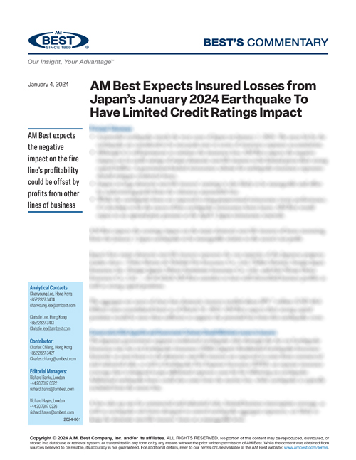 Commentary: AM Best Expects Insured Losses from Japan’s January 2024 Earthquake To Have Limited Credit Ratings Impact