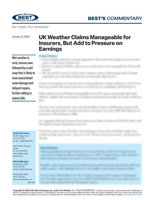 Commentary: UK Weather Claims Manageable for Insurers, But Add to Pressure on Earnings