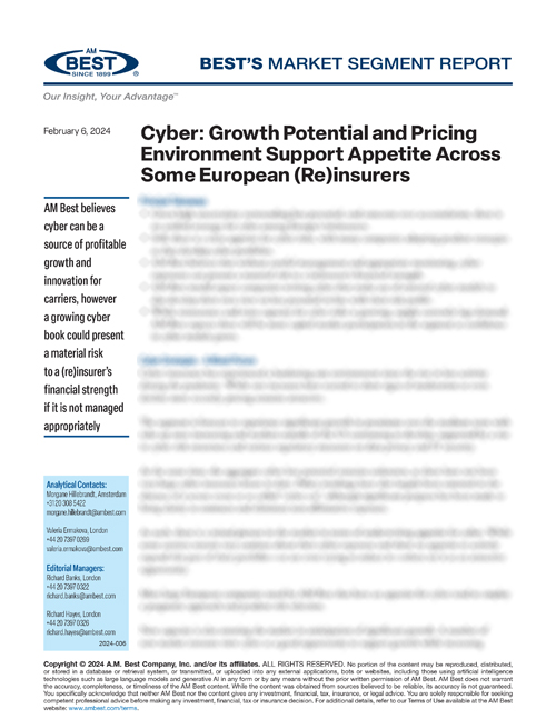 Market Segment Report: Cyber: Growth Potential and Pricing Environment Support Appetite Across Some European (Re)insurers