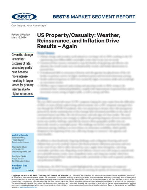 Market Segment Report: US Property/Casualty: Weather, Reinsurance, and Inflation Drive Results – Again
