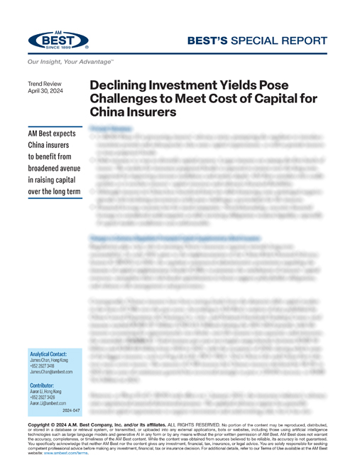 Special Report: Declining Investment Yields Pose Challenges to Meet Cost of Capital for China Insurers