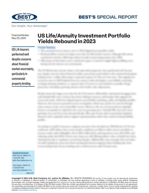 Special Report: US Life/Annuity Investment Portfolio Yields Rebound in 2023