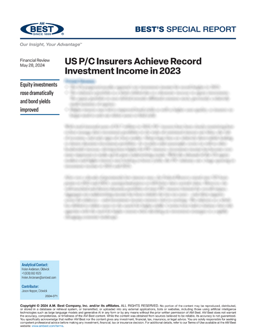 Special Report: US P/C Insurers Achieve Record Investment Income in 2023
