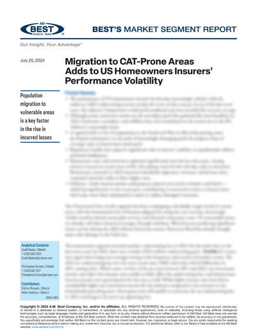 Market Segment Report: Migration to CAT-Prone Areas Adds to US Homeowners Insurers’ Performance Volatility
