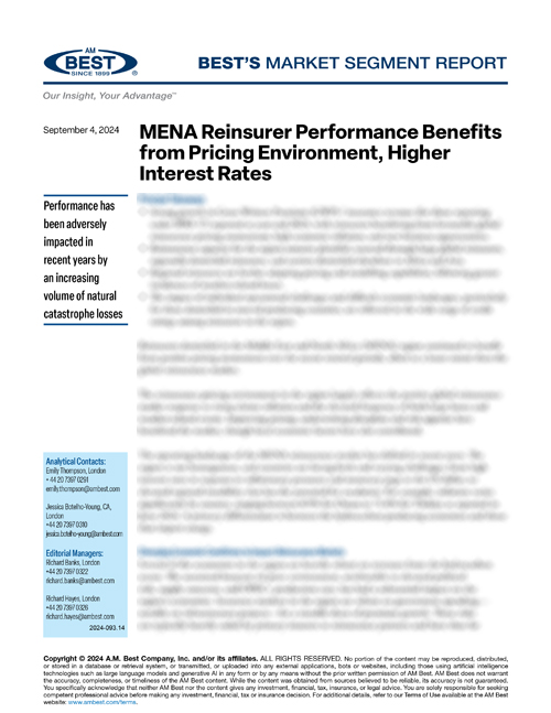 Market Segment Report: MENA Reinsurer Performance Benefits from Pricing Environment, Higher Interest Rates