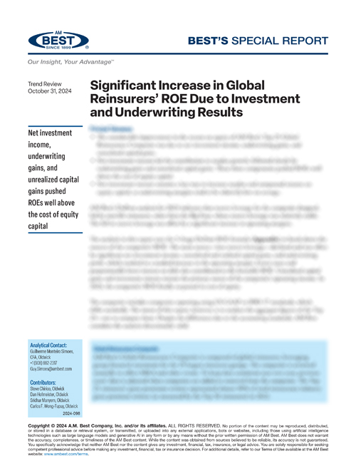 Special Report: Significant Increase in Global Reinsurers’ ROE Due to Investment and Underwriting Results 