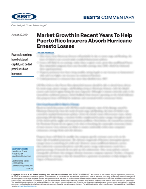 Commentary: Market Growth in Recent Years To Help Puerto Rico Insurers Absorb Hurricane Ernesto Losses