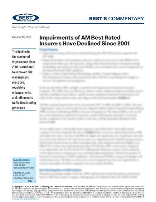 Commentary: Impairments of AM Best Rated Insurers Have Declined Since 2001