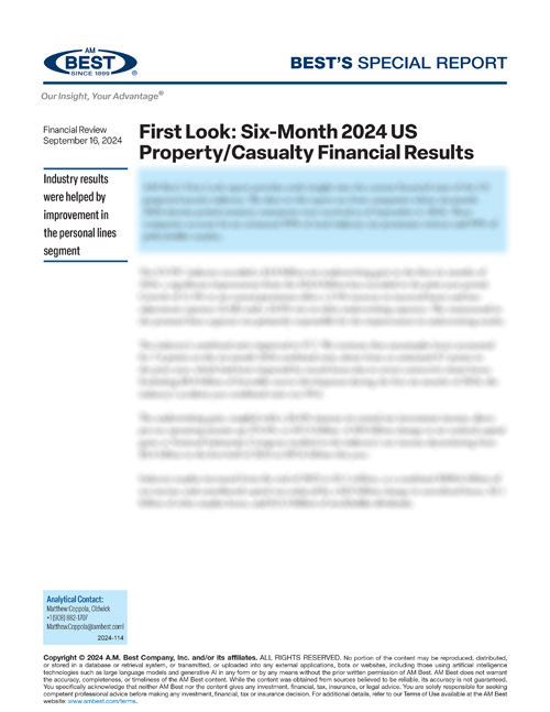 Special Report: First Look: Six-Month 2024 US Property/Casualty Financial Results